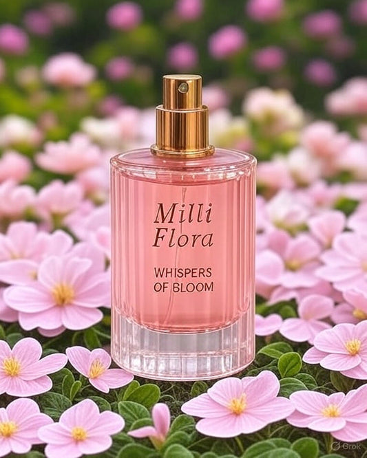 Pink perfume bottle labeled 'Milli Flora Whispers of Bloom' with a floral background