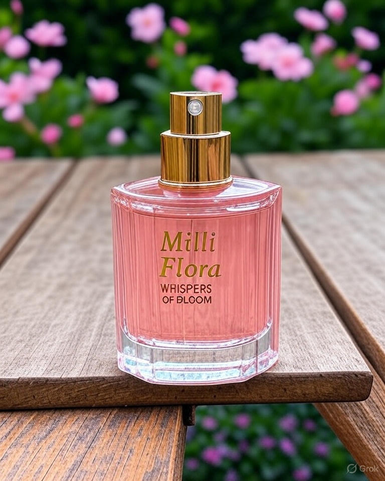 Perfume bottle labeled 'Milli Flora' on a wooden surface with flowers in the background