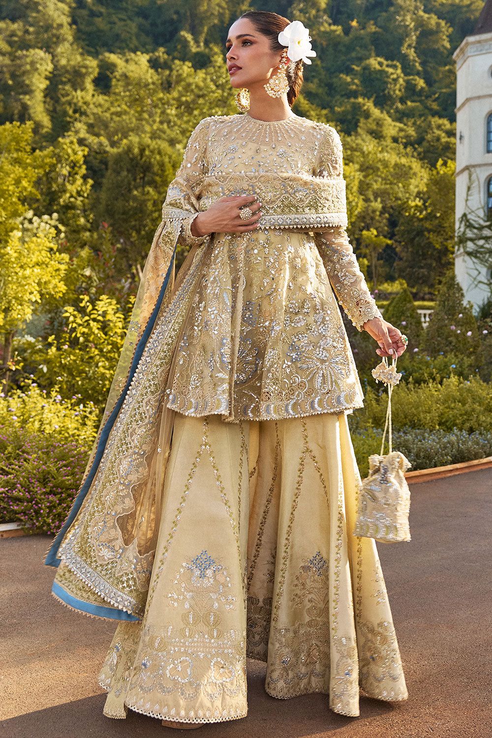 Elegant Golden Sharara Ensemble with Intricate Embroidery