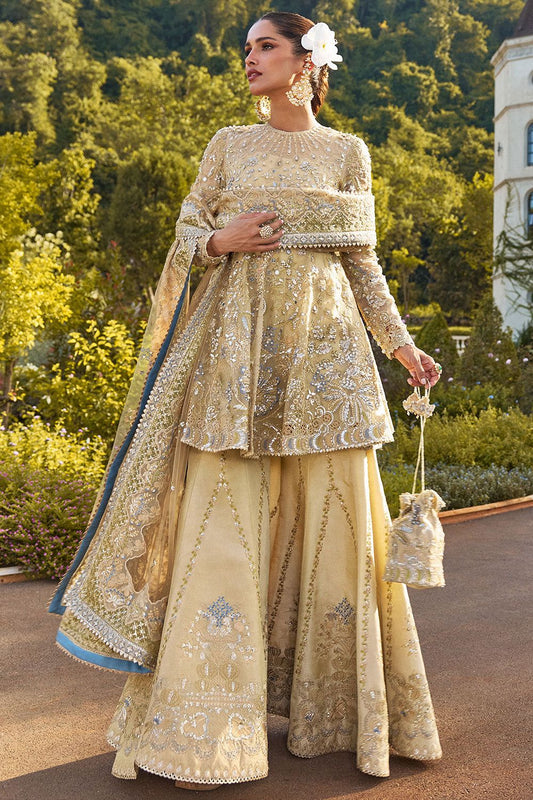 Elegant Golden Sharara Ensemble with Intricate Embroidery