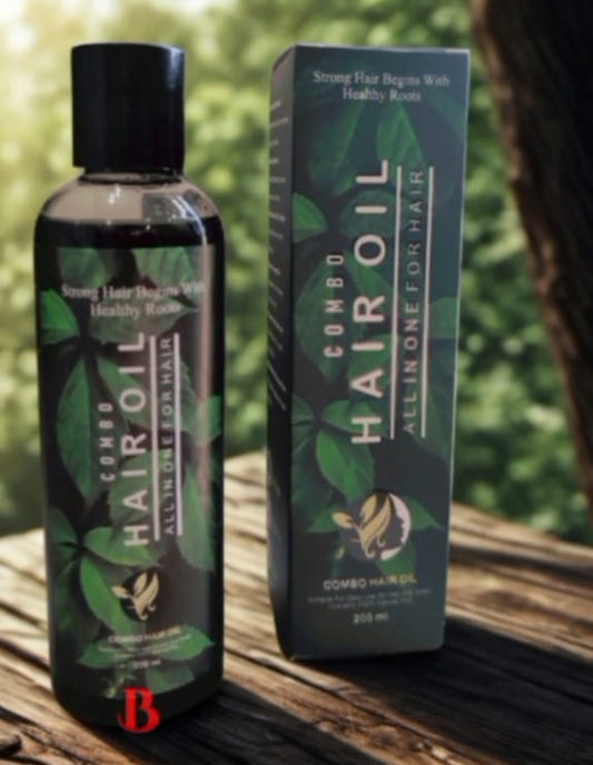 Hair oil bottle and box on a wooden surface with a natural background