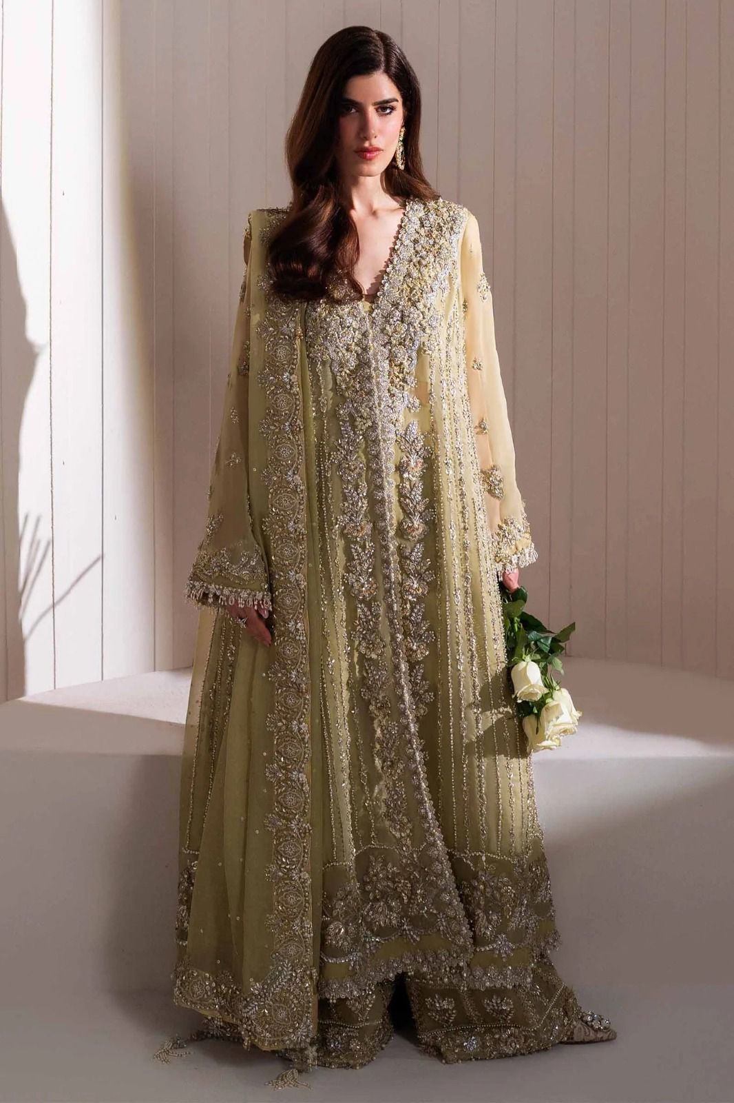 Elegant Pista Green Formal Dress with Intricate Embroidery