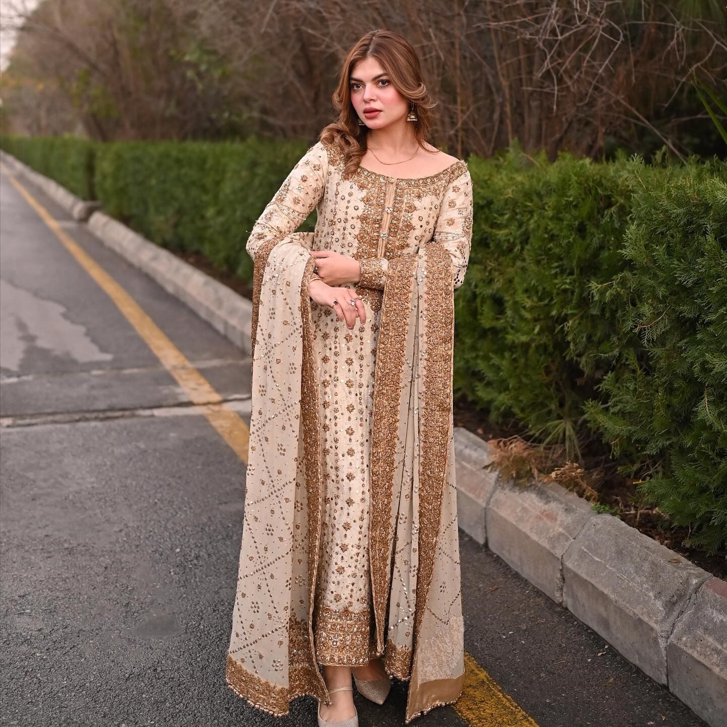 Elegant Beige & Gold Embroidered Formal Outfit with Dupatta