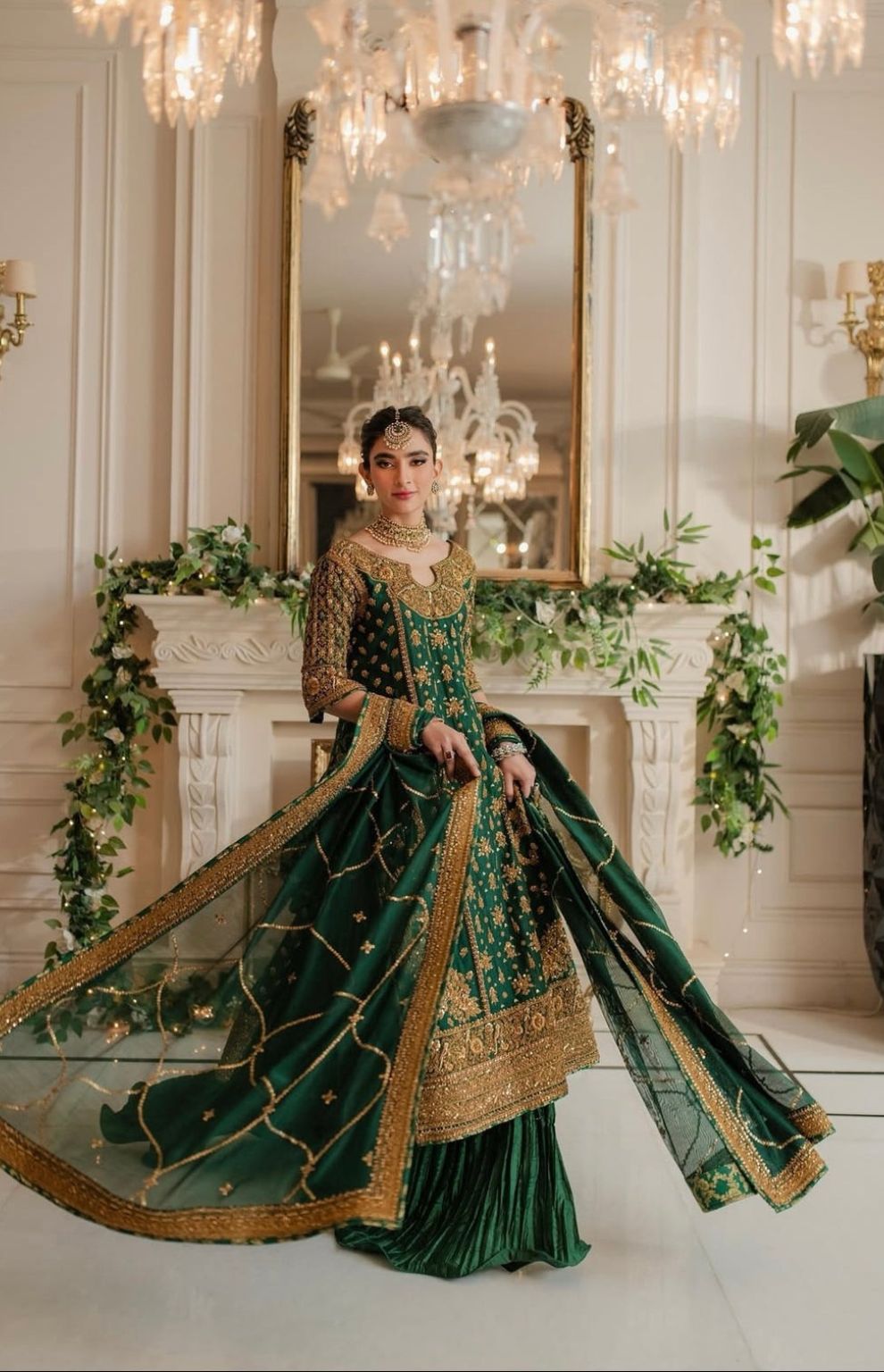 Emerald Green Formal Sharara with Gold Embroidery