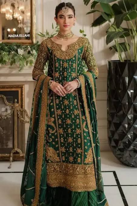 Emerald Green Formal Sharara with Gold Embroidery