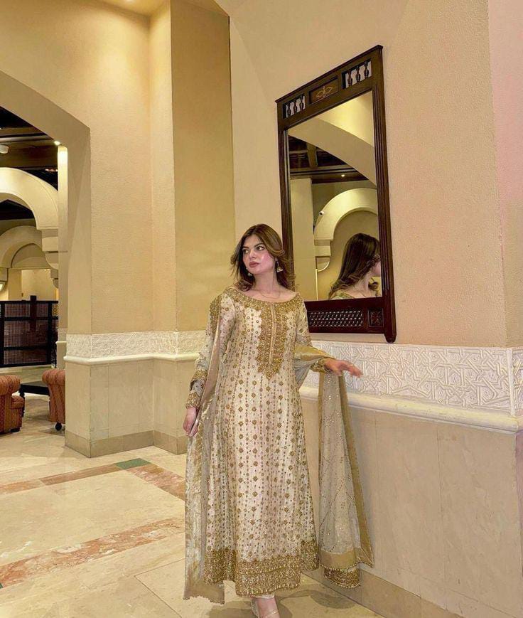 Elegant Beige & Gold Embroidered Formal Outfit with Dupatta